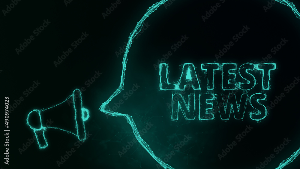 Poster Megaphone banner with speech bubble and text latest news. Plexus style of green glowing dots and lines. Abstract illustration
