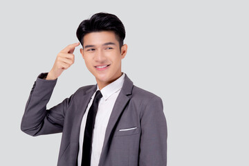 Portrait young asian business man in suit with smart thinking idea with intelligent isolated on white background, businessman standing and planning for success, manager or executive pointing head.