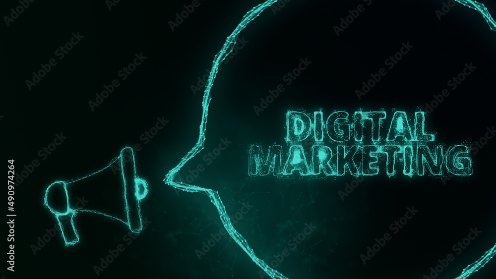 Poster Megaphone banner with speech bubble and text digital marketing. Plexus style of green glowing dots and lines. Abstract illustration