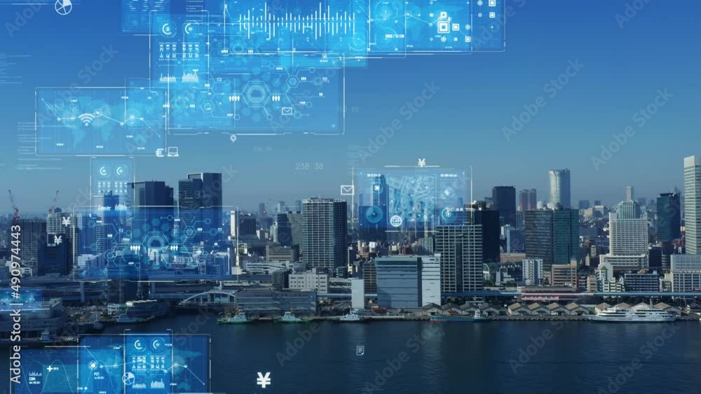 Poster Modern cityscape and communication network concept. Telecommunication. IoT (Internet of Things). ICT (Information communication Technology). 5G. Smart city. Digital transformation.