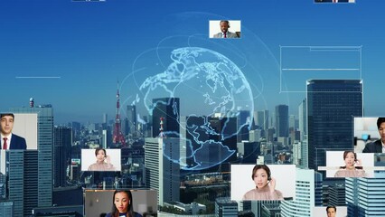 Modern city and internet movie concept. Video distribution service. Streaming video. communication network.
