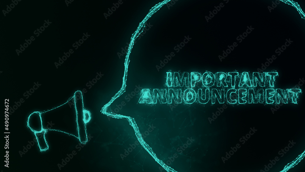 Poster Megaphone banner with speech bubble and text important announcement. Plexus style of green glowing dots and lines. Abstract illustration