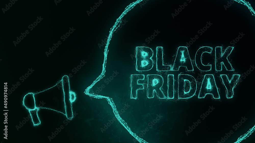 Poster megaphone banner with speech bubble and text black friday. plexus style of green glowing dots and li