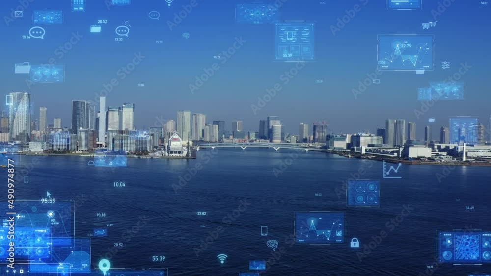 Poster modern cityscape and communication network concept. telecommunication. iot (internet of things). ict