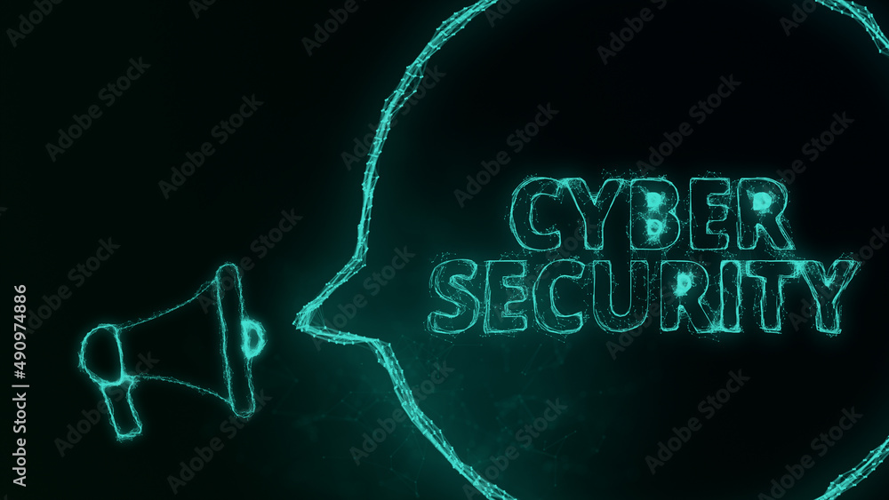 Aufkleber Megaphone banner with speech bubble and text cyber security. Plexus style of green glowing dots and lines. Abstract illustration