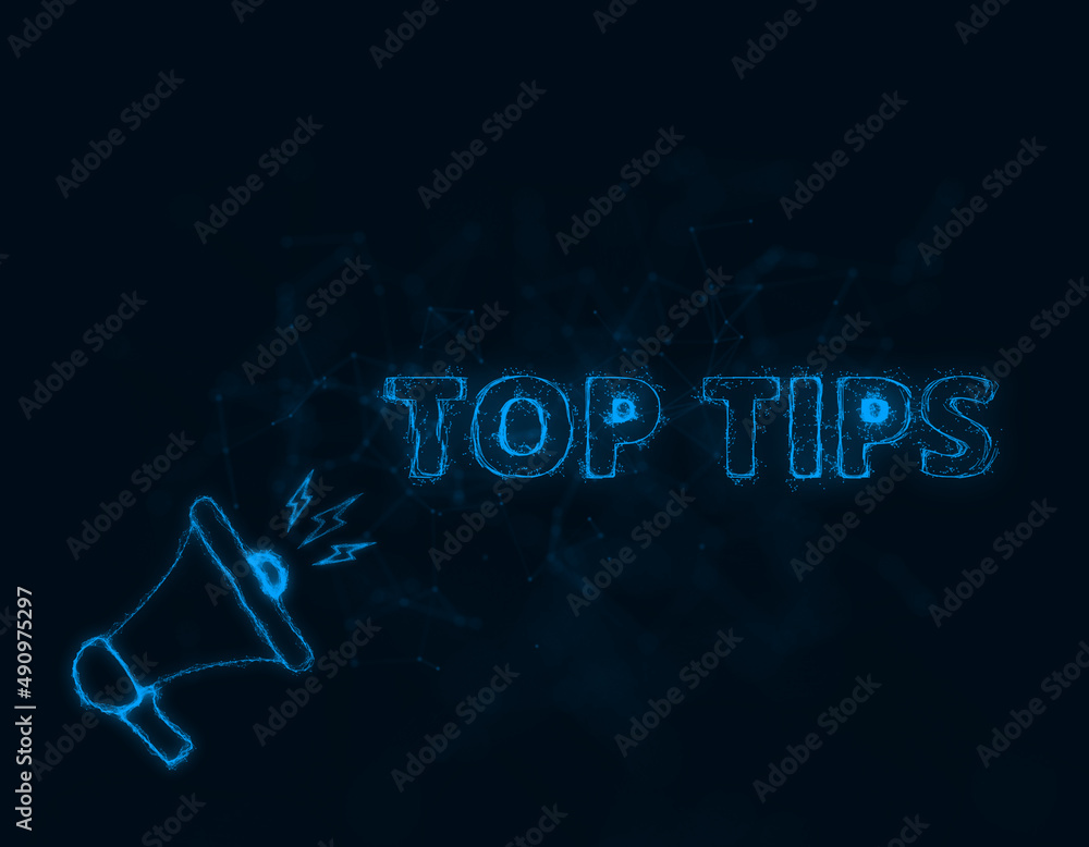 Poster Megaphone banner with text top tips. Plexus style of blue glowing dots and lines. Abstract illustration