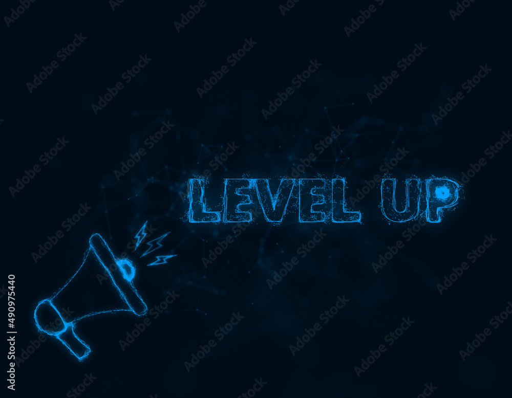 Fototapete megaphone banner with text level up. plexus style of blue glowing dots and lines. abstract illustrat