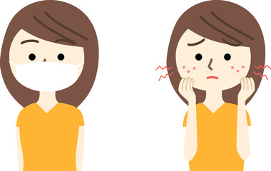 マスクをする女性とマスクかぶれに悩む女性のセット