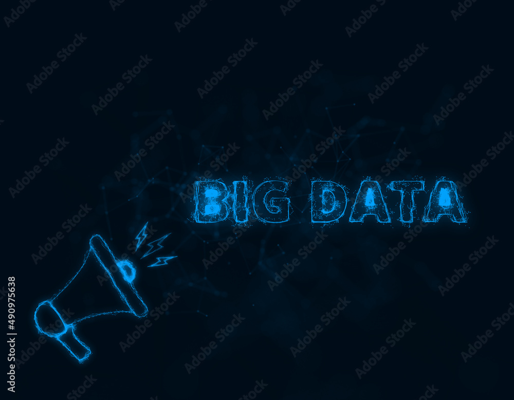 Poster Megaphone banner with text big data. Plexus style of blue glowing dots and lines. Abstract illustration