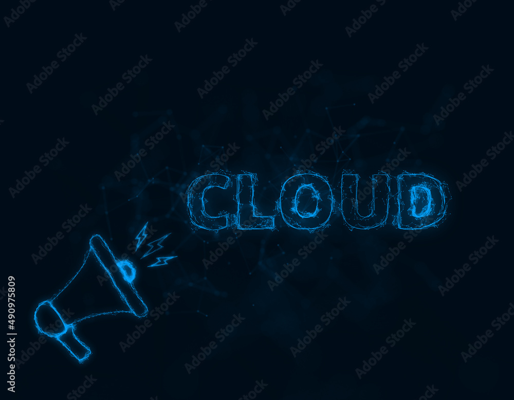 Leinwandbilder Megaphone banner with text cloud. Plexus style of blue glowing dots and lines. Abstract illustration