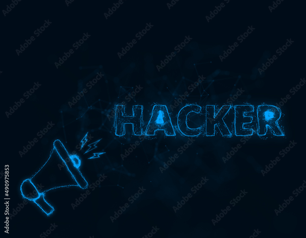 Aufkleber Megaphone banner with text hacker. Plexus style of blue glowing dots and lines. Abstract illustration