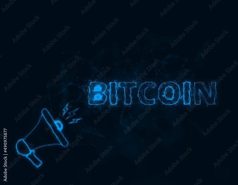 Poster Megaphone banner with text bitcoin. Plexus style of blue glowing dots and lines. Abstract illustration