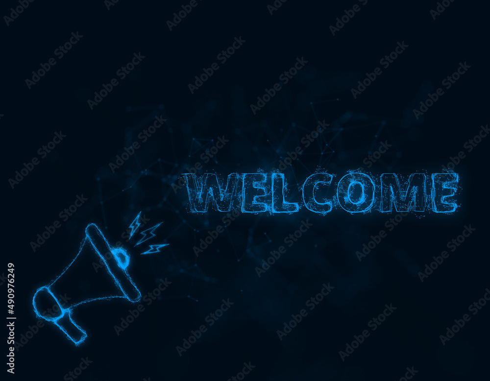 Poster Megaphone banner with text welcome. Plexus style of blue glowing dots and lines. Abstract illustration