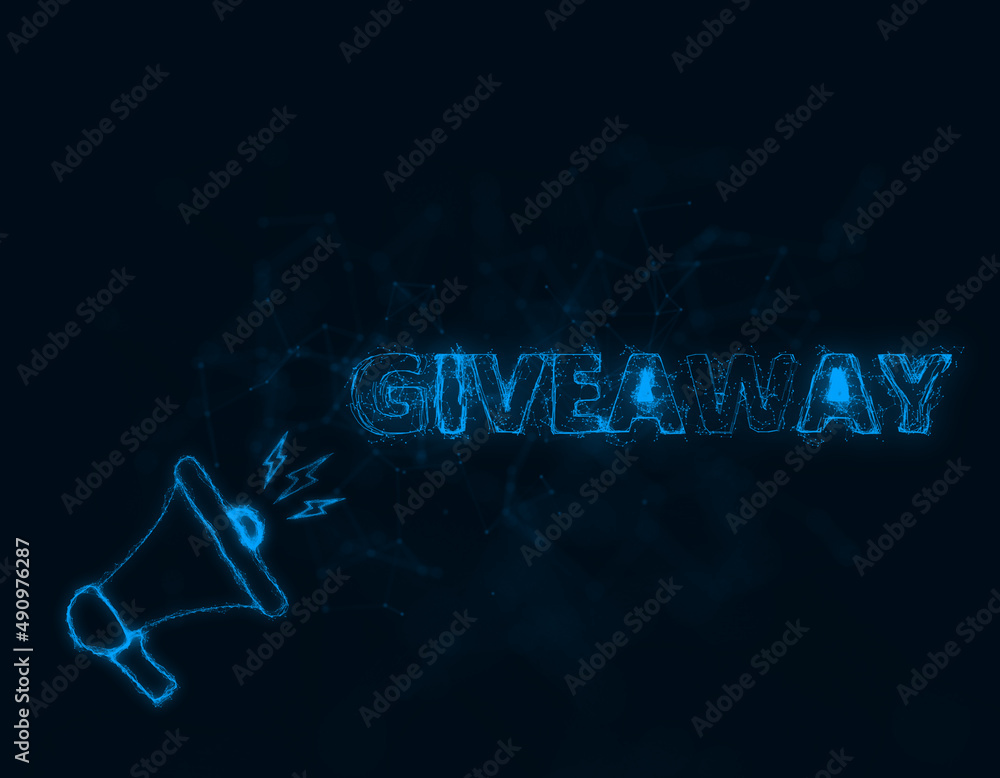 Poster megaphone banner with text giveaway. plexus style of blue glowing dots and lines. abstract illustrat