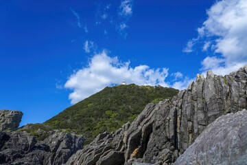 青空バックに海岸から見上げる室戸岬灯台の情景＠高知