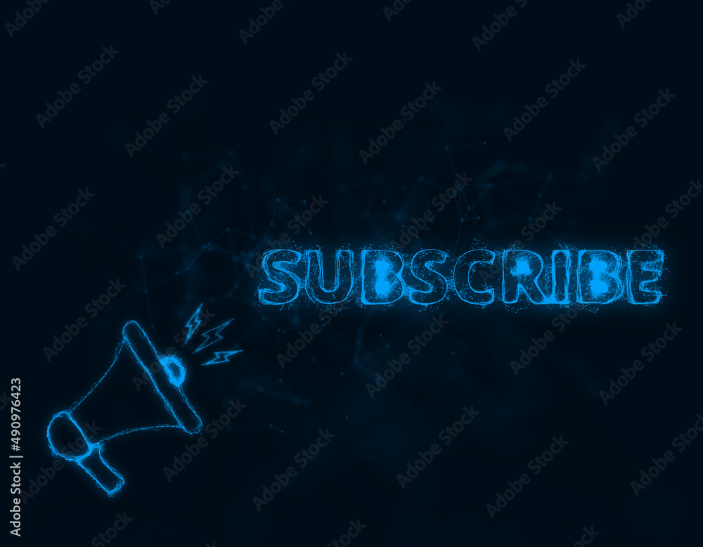 Poster Megaphone banner with text subscribe. Plexus style of blue glowing dots and lines. Abstract illustration