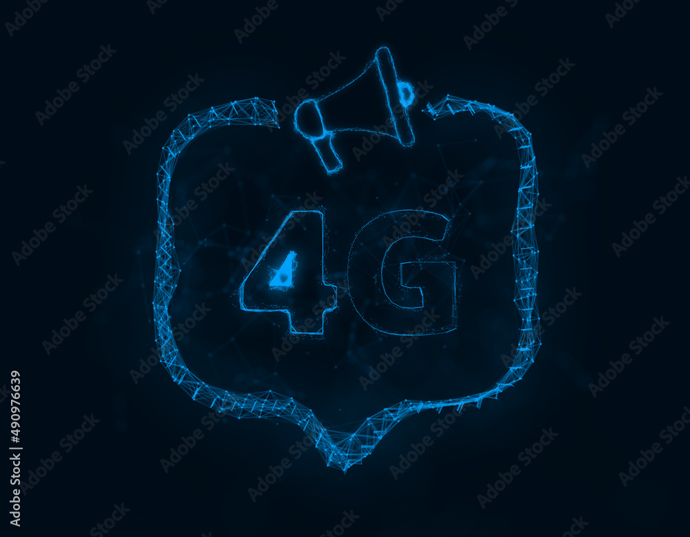 Leinwandbilder Megaphone banner with speech bubble and text 4G. Plexus style of blue glowing dots and lines. Abstract illustration