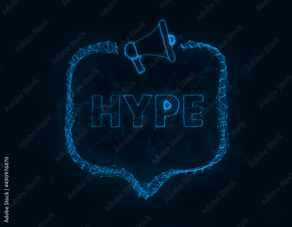 Poster Megaphone banner with speech bubble and text hype. Plexus style of blue glowing dots and lines. Abstract illustration