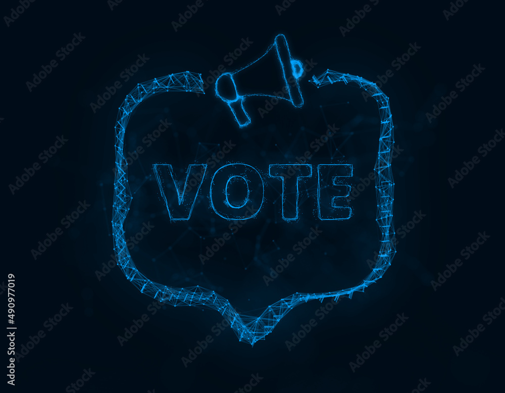 Poster Megaphone banner with speech bubble and text vote. Plexus style of blue glowing dots and lines. Abstract illustration