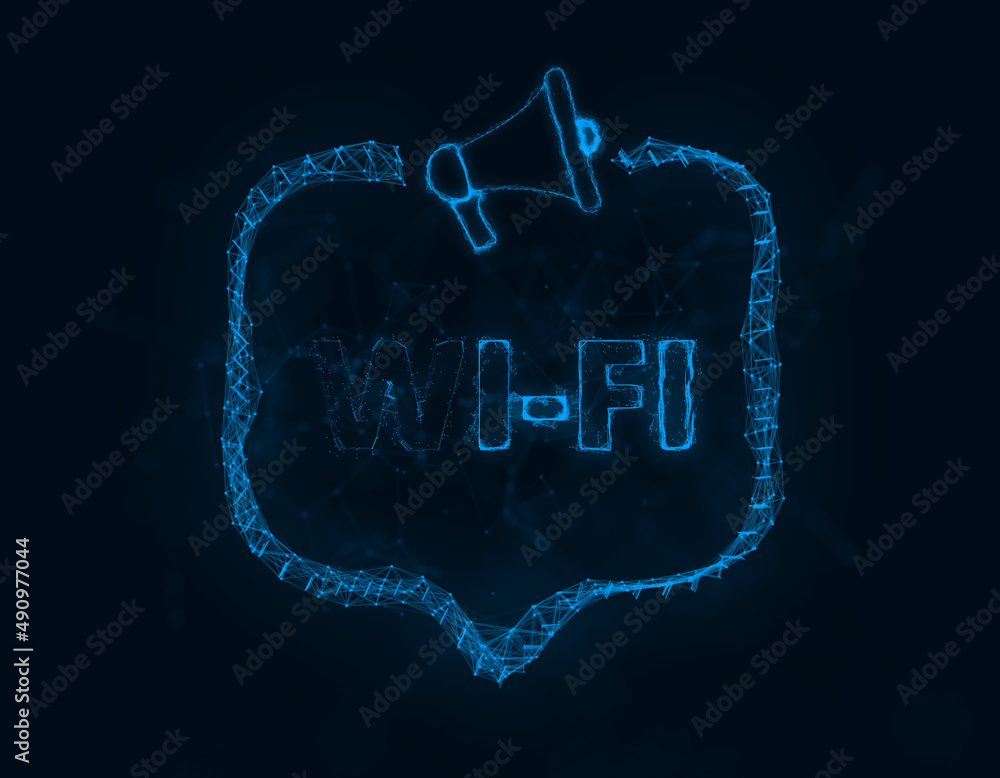 Poster Megaphone banner with speech bubble and text wi-fi. Plexus style of blue glowing dots and lines. Abstract illustration
