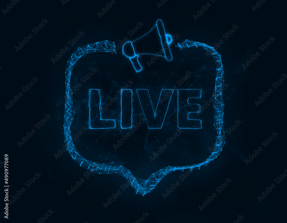 Aufkleber Megaphone banner with speech bubble and text live. Plexus style of blue glowing dots and lines. Abstract illustration