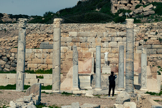 Historical columns in Knidos ancient city. It was a Greek city in ancient Caria, located by sea. The ruins contain a large number of buildings belonging to the Byzantine style. Datca, Mugla, Turkey. 