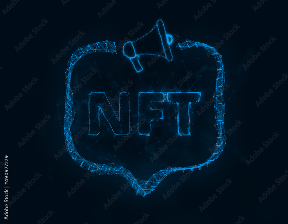 Poster Megaphone banner with speech bubble and text nft. Plexus style of blue glowing dots and lines. Abstract illustration
