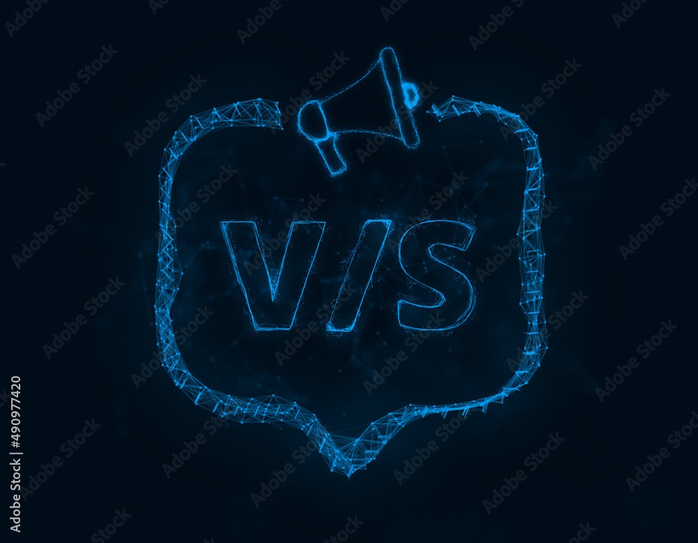 Poster Megaphone banner with speech bubble and text VS. Plexus style of blue glowing dots and lines. Abstract illustration