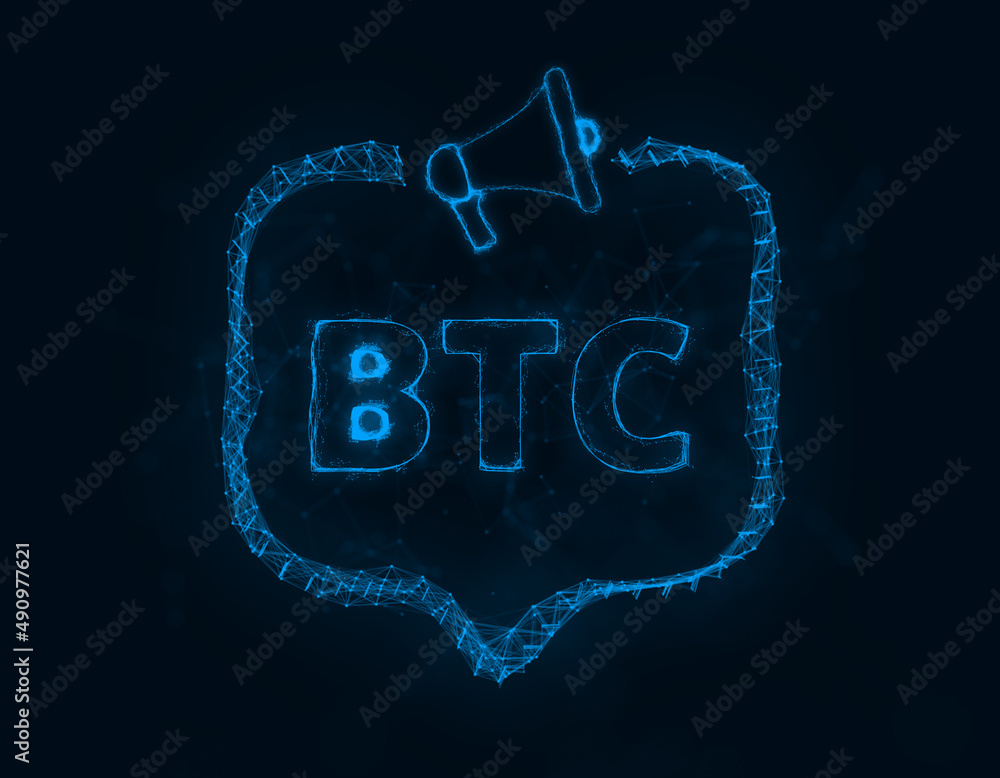 Aufkleber Megaphone banner with speech bubble and text BTC. Plexus style of blue glowing dots and lines. Abstract illustration