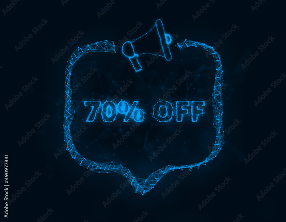 Fototapete megaphone banner with speech bubble and text 70 percent off. plexus style of blue glowing dots and l