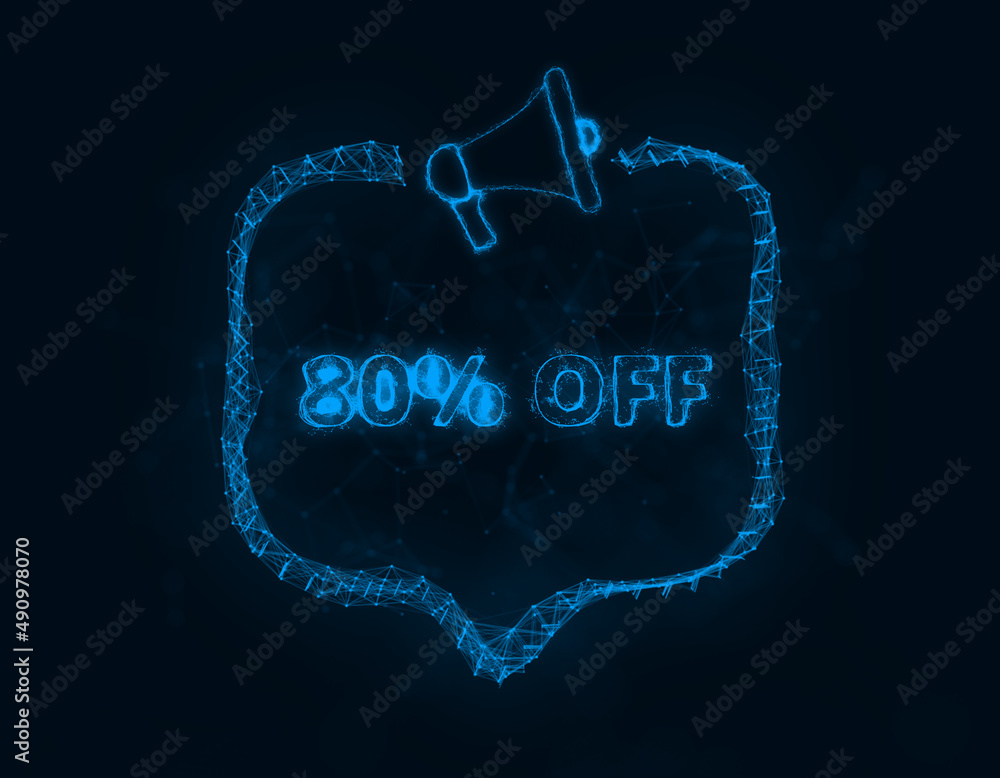 Leinwandbilder megaphone banner with speech bubble and text 80 percent off. plexus style of blue glowing dots and l