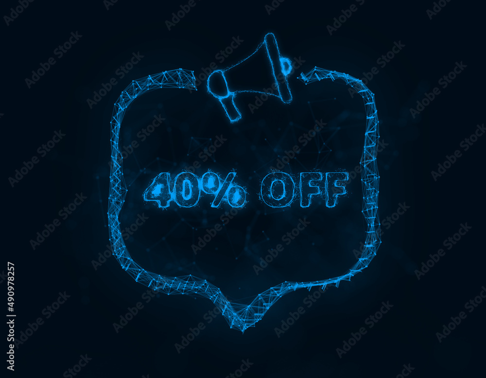 Poster Megaphone banner with speech bubble and text 40 percent off. Plexus style of blue glowing dots and lines. Abstract illustration
