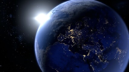 宇宙から見た地球のヨーロッパの夜景の3Dレンダリング