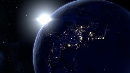 宇宙から見た地球のアジアの夜景の3Dレンダリング