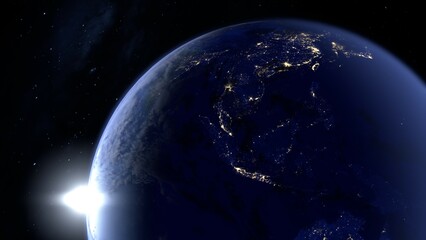 宇宙から見た地球の東南アジアの夜景の3Dレンダリング