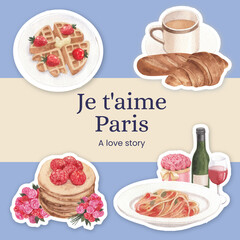 Sticker template with Eifel in Paris lover concept,watercolor style