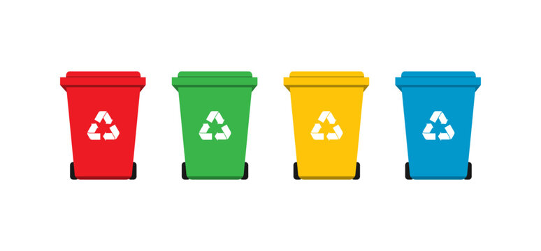 Flat vector illustration set of trash can with four type red, green, yellow, and blue color. Garbage recycle management to reduce waste. 