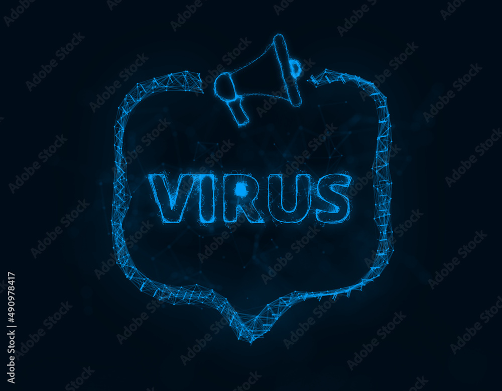 Aufkleber Megaphone banner with speech bubble and text virus. Plexus style of blue glowing dots and lines. Abstract illustration