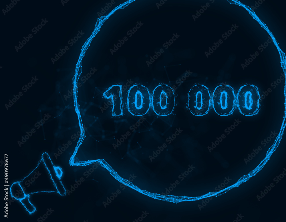 Aufkleber megaphone banner with speech bubble and 100000 number. 100k likes, followers. plexus style of blue g