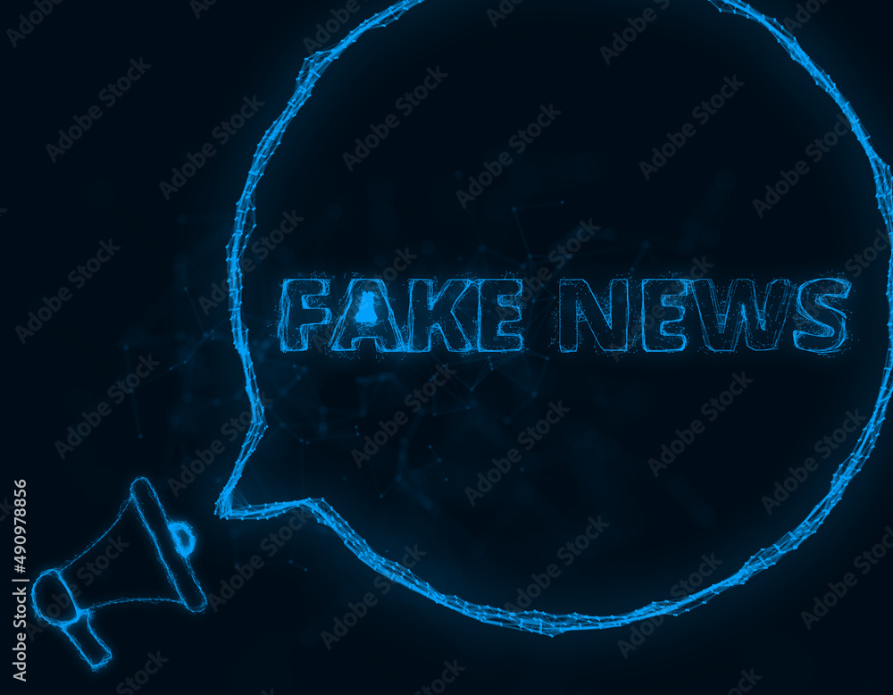 Poster Megaphone banner with speech bubble and text fake news. Plexus style of blue glowing dots and lines. Abstract illustration