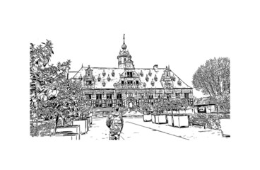 Building view with landmark of Middelburg is the 
city in the Netherlands. Hand drawn sketch illustration in vector.