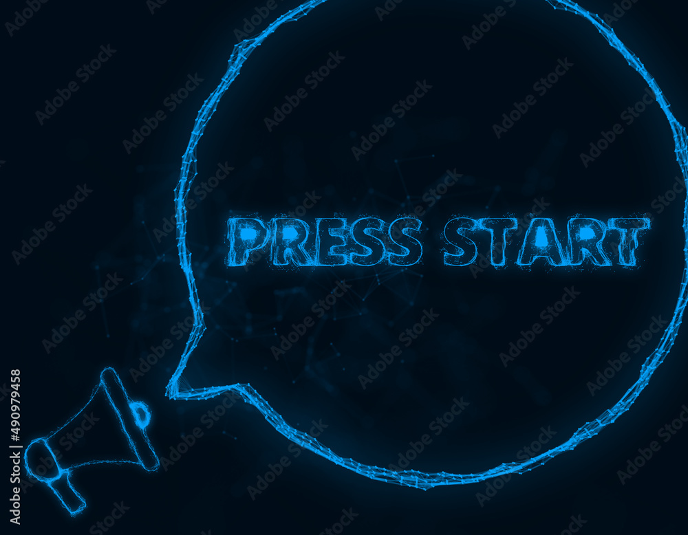 Poster Megaphone banner with speech bubble and text press start. Plexus style of blue glowing dots and lines. Abstract illustration