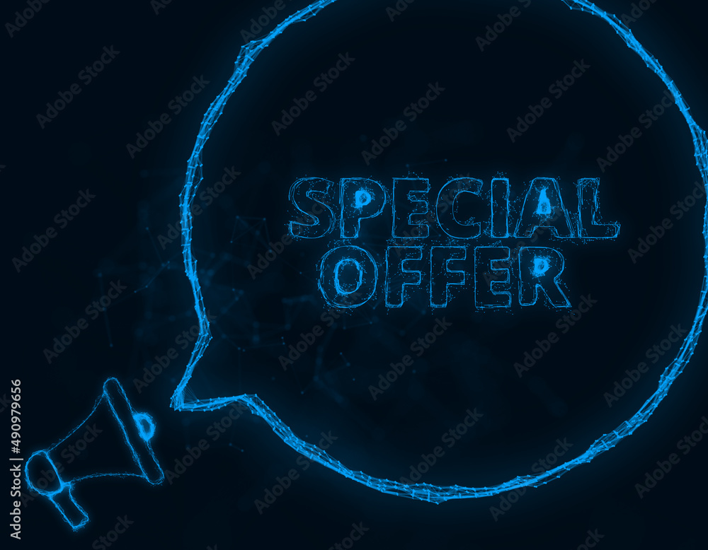 Poster Megaphone banner with speech bubble and text special offer. Plexus style of blue glowing dots and lines. Abstract illustration