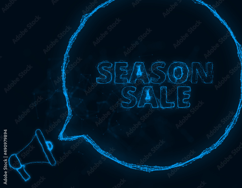 Aufkleber megaphone banner with speech bubble and text season sale. plexus style of blue glowing dots and line