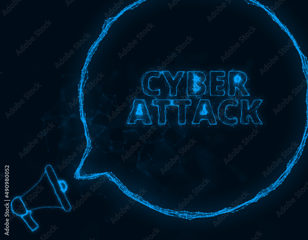 Poster Megaphone banner with speech bubble and text cyber attack. Plexus style of blue glowing dots and lines. Abstract illustration