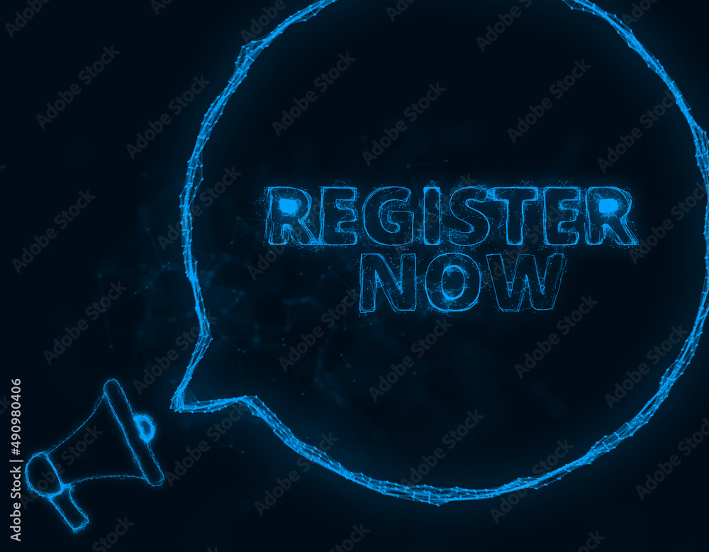 Aufkleber Megaphone banner with speech bubble and text register now. Plexus style of blue glowing dots and lines. Abstract illustration
