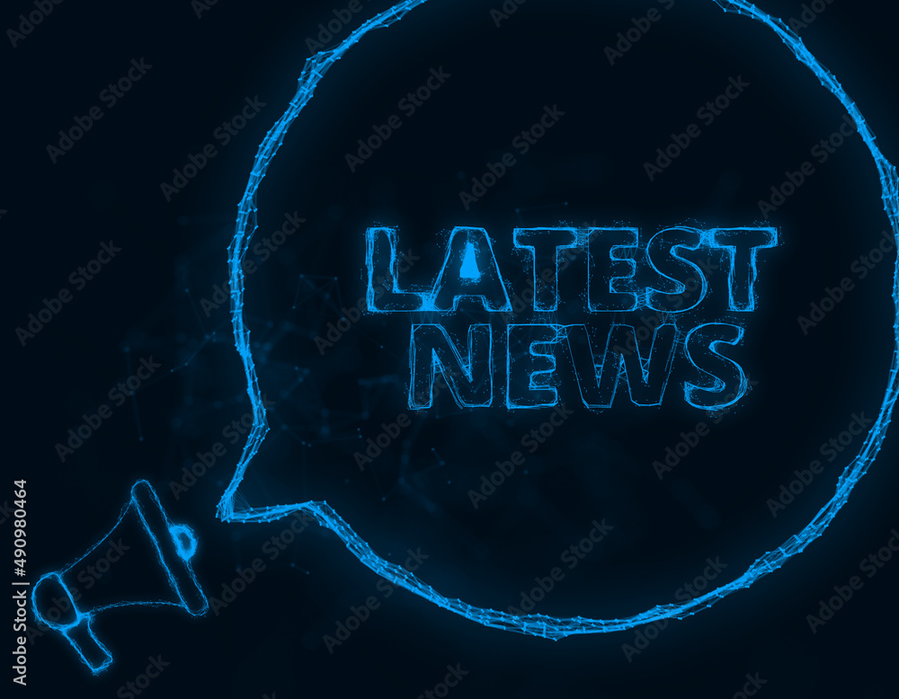 Poster Megaphone banner with speech bubble and text latest news. Plexus style of blue glowing dots and lines. Abstract illustration