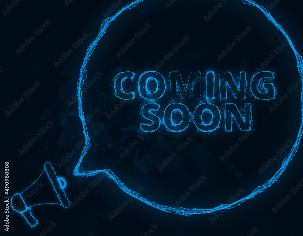 Leinwandbilder Megaphone banner with speech bubble and text coming soon. Plexus style of blue glowing dots and lines. Abstract illustration