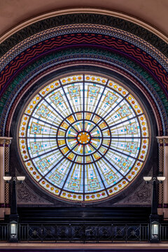 An Ornate And Enormous Round Stained Glass Rose Window Illuminates The Grand Hall Of Union Station, A Train Station Built In 1888 In Downtown Indianapolis, Indiana.