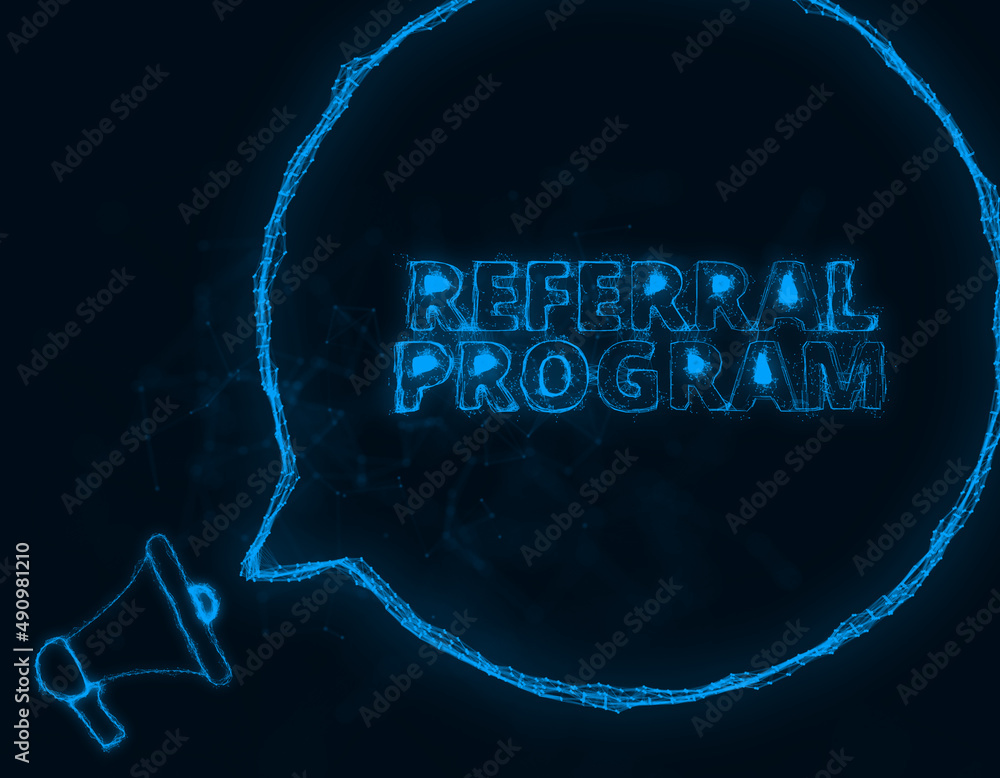 Aufkleber Megaphone banner with speech bubble and text referral program. Plexus style of blue glowing dots and lines. Abstract illustration